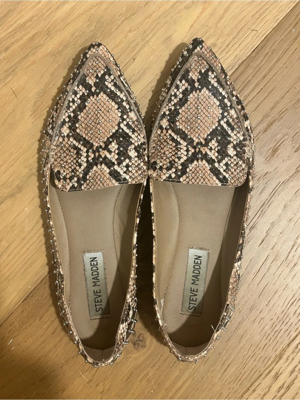 Steve Madden Pointed Snake-Print Flats in Beige and Black